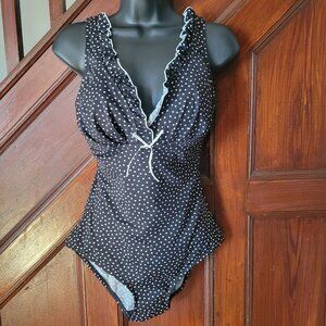 Polka Dot Black & White Gabar One-Piece Swimsuit With Ruffle Trim & Bow Accent W